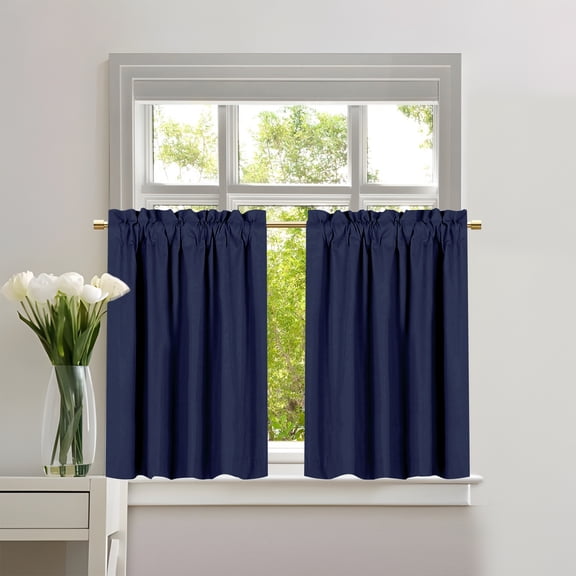 Rosnek 2 Panels Blackout Tiers Curtain for Small Window Rod Pocket Kitchen Curtains Room Darkening Short Curtains for Bedroom, Navy Blue