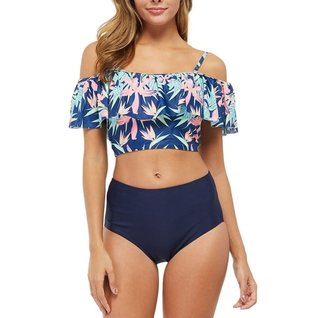 PENGXIANG Women‘s Ruffled Two Piece Swimsuit Floral Printing High Waisted Bathing Suit Tummy Control Swimwear Bikini
