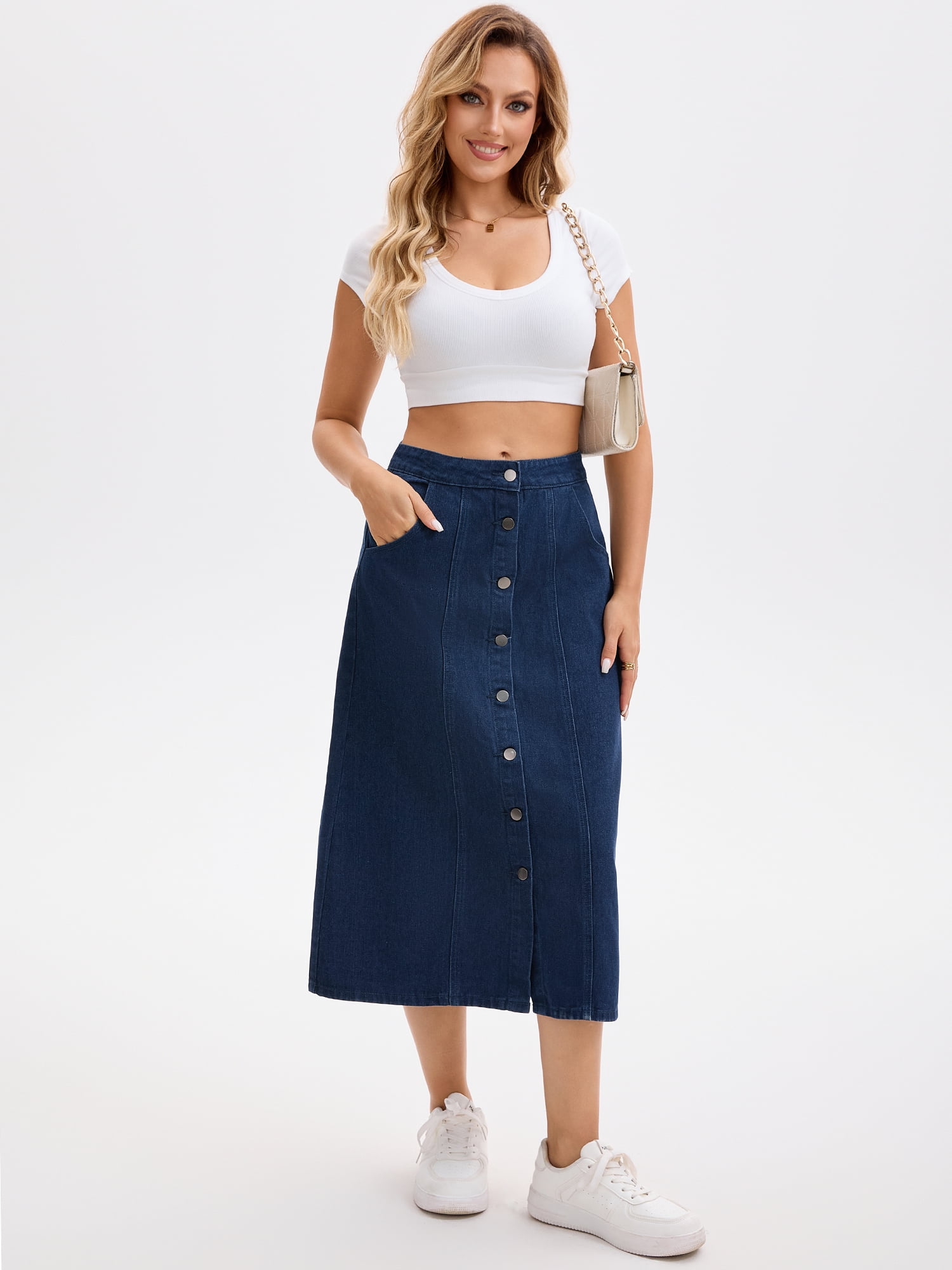 DARING DIVA Women's Button Down Front Slit A Line Midi Jean Skirts L Dark Blue