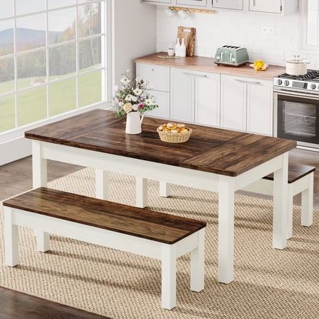 Tribesigns 55-Inch Large Dining Table Set for 4-6 3 Pieces Wood Kitchen Table with 2 Benches Farmhouse Rectangular Dinner Room Table Set Dinette for Kitchen Dining Room
