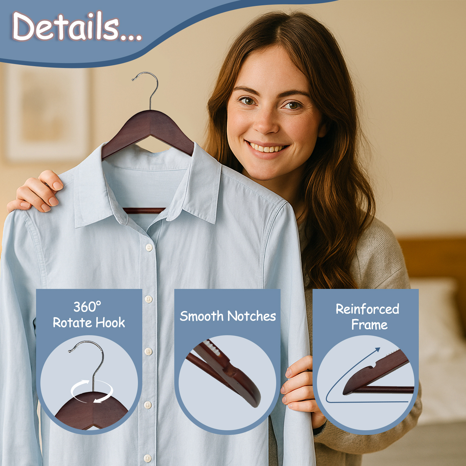 King Mills 19 Inch Plus Size Hangers, Extra Wide Hangers for Plus Size Clothes, Ganchos para Colgar Ropa, Ideal for XL, XXL Shirts, Coats, Dresses, Etc. Wood. Walnut 20pk