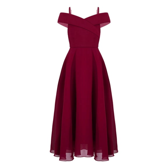 Kaerm Kids Girls Adjustable Spaghetti Strap Chiffon Dress Elegant Sleeveless Off Shoulder A-Line Burgundy 8