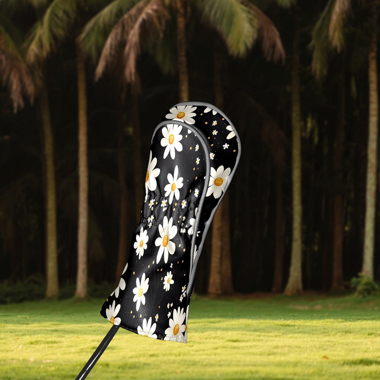 Golf Club Head Covers - White Daisy Design, PU Leather, Waterproof, Fits Fairway Woods/Hybrid, Unisex, Fits Most Brands