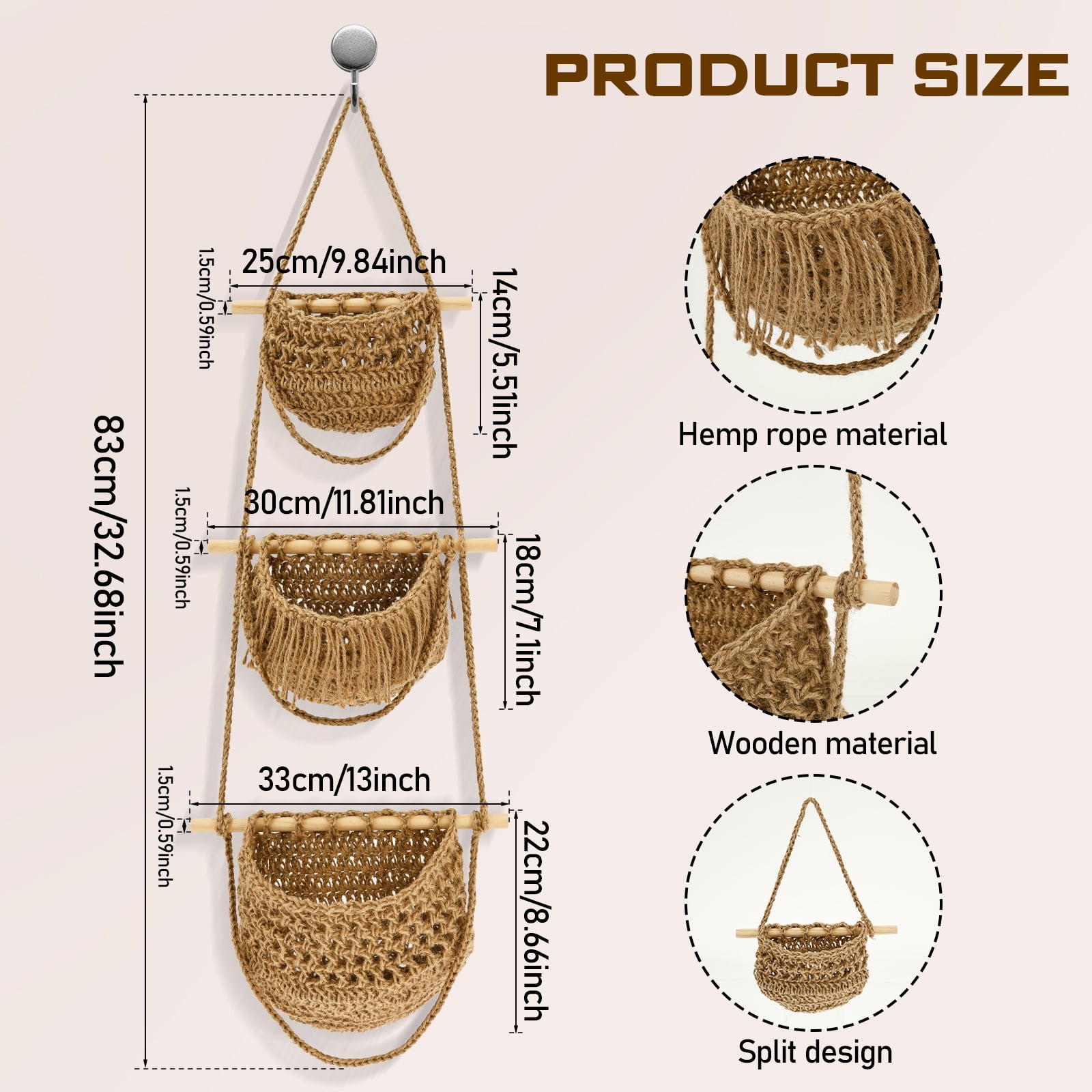 NUAHRHY 3 Tier Hanging Fruit Basket Wall Mounted Vegetable Storage Holder, Over The Door Organizer Bag Woven Jute Boho Wall Decor, Hanging Produce Basket for Entrance Kitchen Dorm RV Home Bedroom