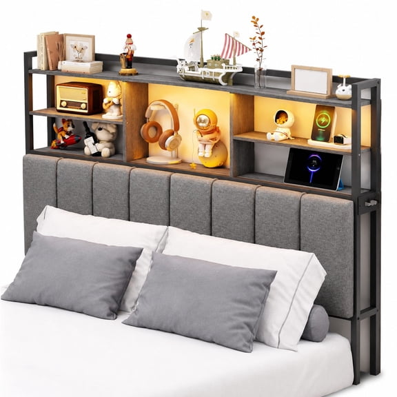 54.8 Inch Tall King Size Headboard with 3-Tier Storage Shelves, USB & Type C Ports, LED Lights, Linen Upholstered Soft Backrest, Sturdy Headboard Only for King Bed