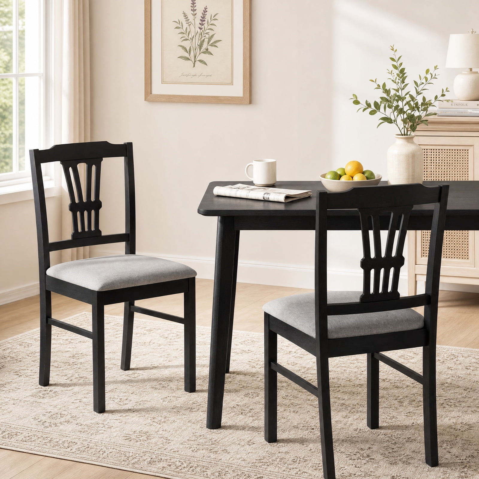 Furnibear Upholstered Dining Chairs Set of 2 Kitchen Chairs with Solid Rubber Wood Frame and Padded Seat for Dining Room, Gray