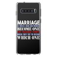 thumbnail image 1 of DistinctInk Clear Shockproof Hybrid Case for Samsung Galaxy S10 (6.1" Screen) - TPU Bumper Acrylic Back Tempered Glass Screen Protector - Marriage Trouble Starts, 1 of 2