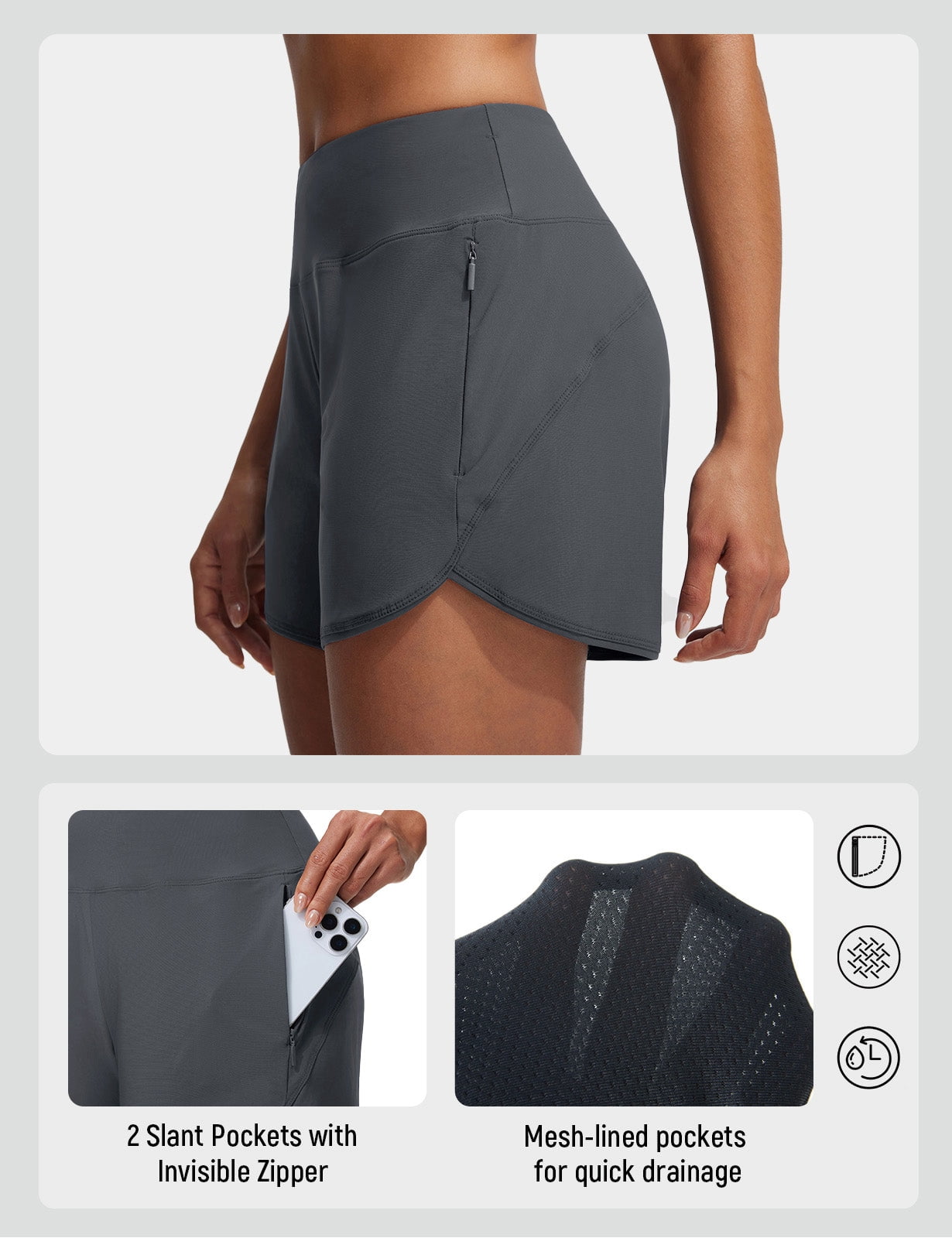 baleaf Swim Shorts for Women High Waisted Board Shorts Tummy Contol Swim Bottoms for Swimming with Liner Zipper Pockets Quick Dry UPF 50+ Dark Gray S