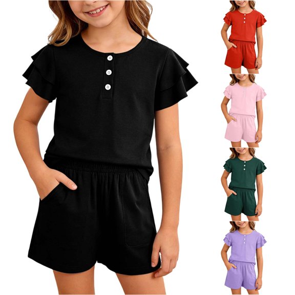XAOFW Girls Outfits Ruffled Short Sleeved Button Down Shirt Shorts Kids Summer Comfortable Clothes Sets 5-6 Years