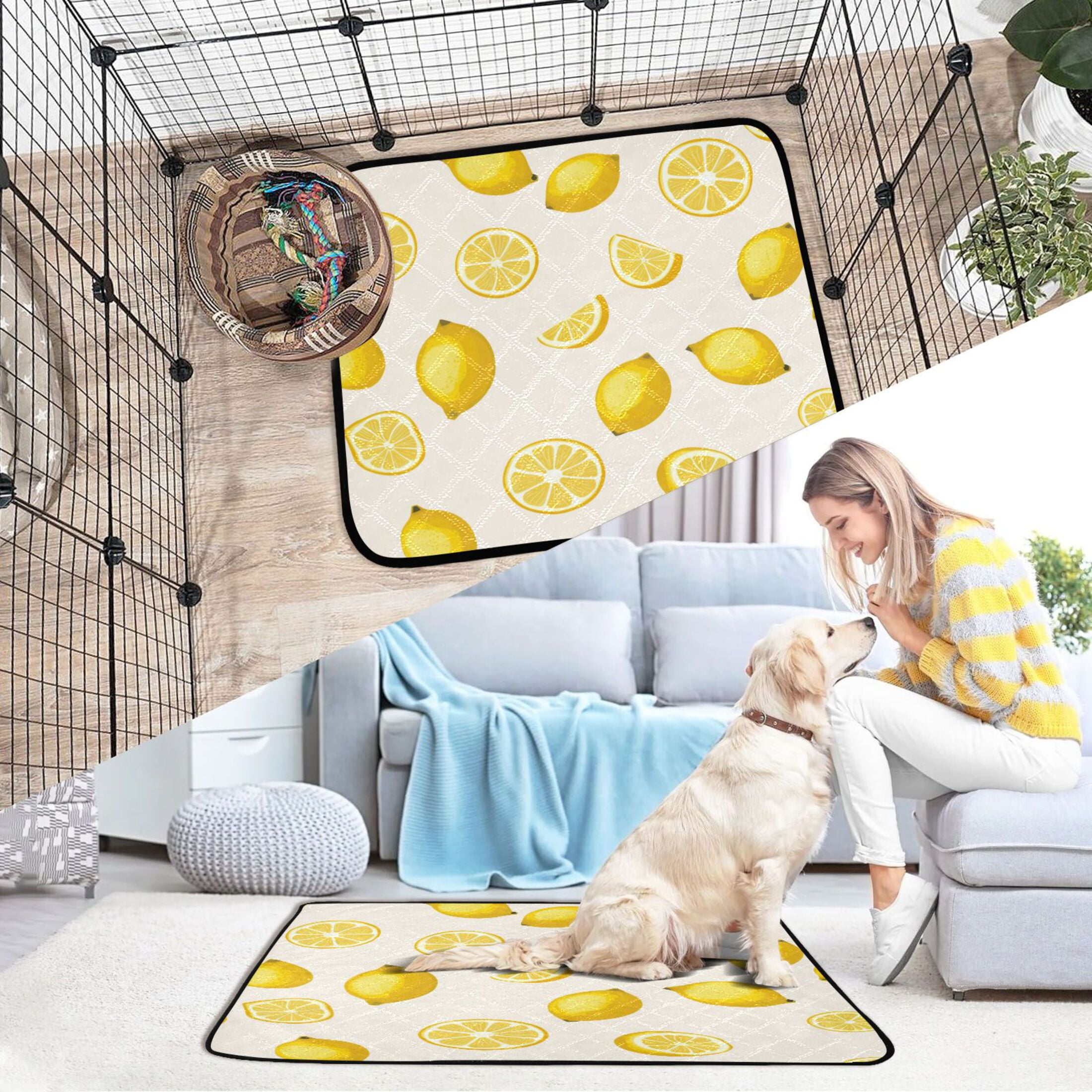 Washable Pet Pee Pads with Super Absorbent Reusable Training Pads for Dogs & Cats Yellow Lemon Pattern