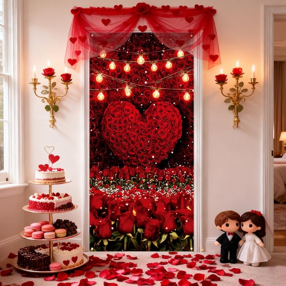 Uxgjfwu Valentines Day Door Curtain, Decorative Hanging Fabric Door Cover with Holiday Pattern, Seasonal Wall Decor for Living Room, Bedroom, Party, Festival Celebration