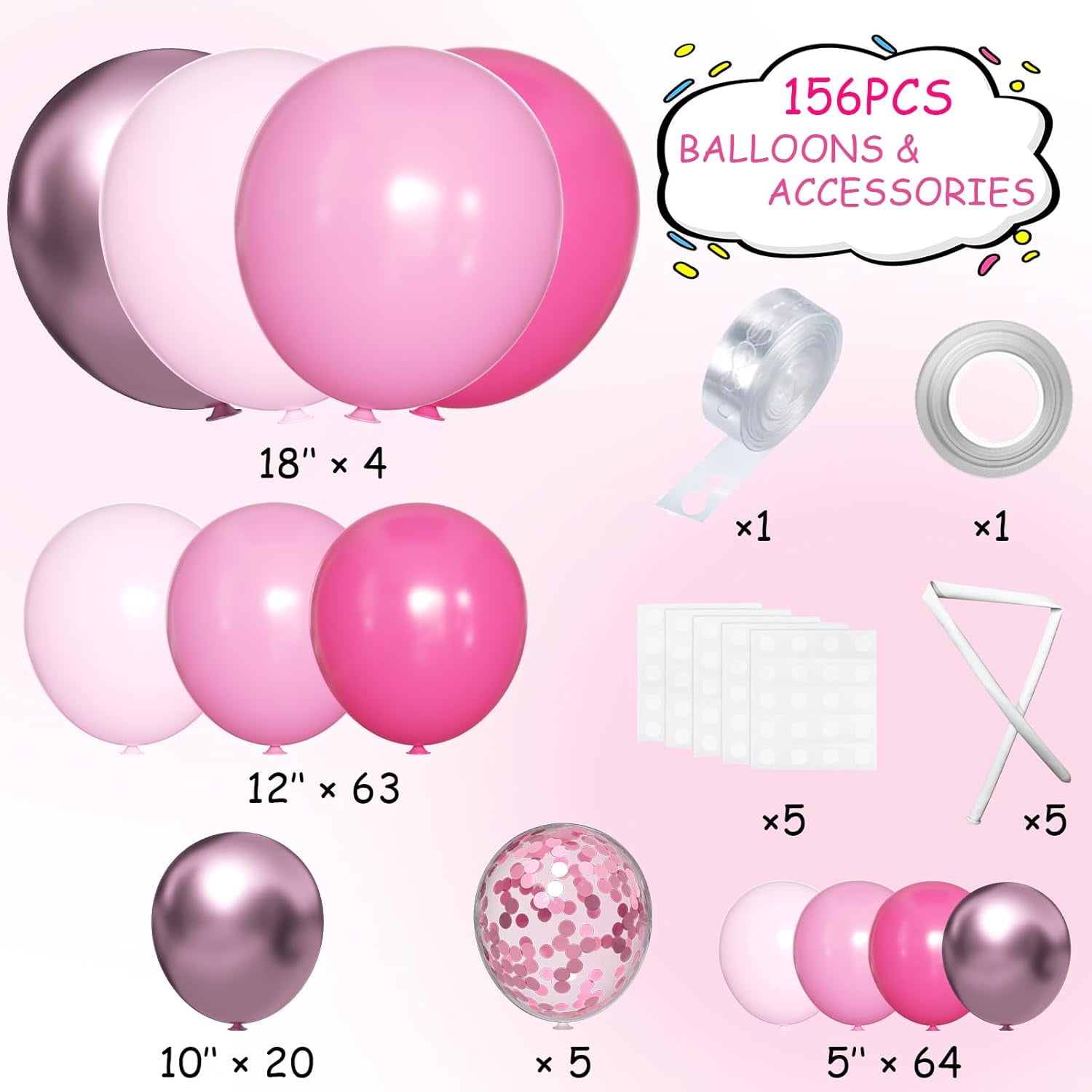 Pink Balloon Garland Arch Kit, 156 Pcs Hot Pink Light Pastel Pink Metallic Balloons Different Size 18 12 10 5 inch for Baby Shower Bridal Birthday Princess Wedding Party Decorations