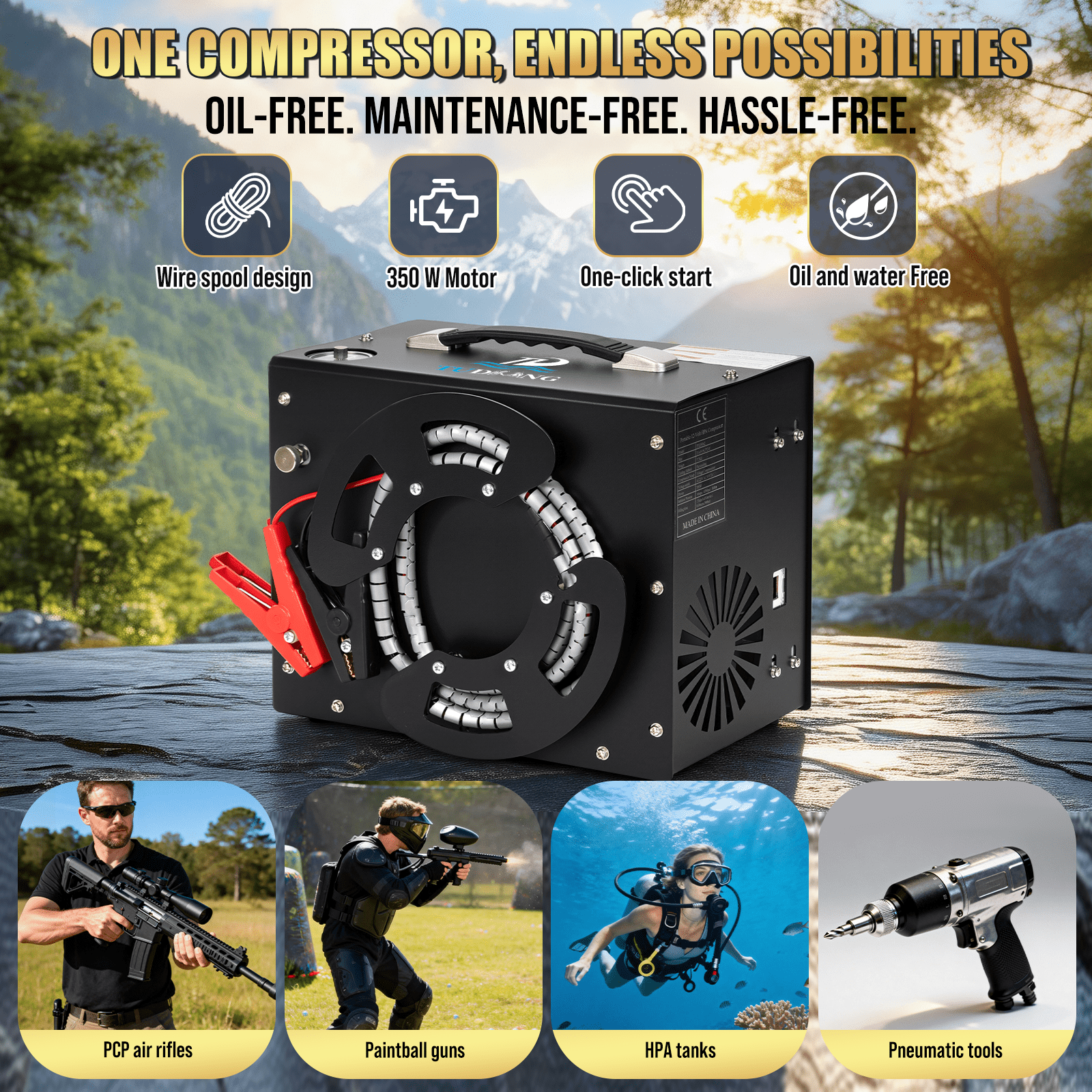 TUDIVING 4500 PSI PCP Air Compressor, Auto-Stop Portable Air Pump, 12V DC/110V AC with Built-in Converter for PCP Air Rifles