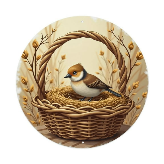 Vintage Wall Decor Birds Wicker Basket Nest Wall Plaque Sign Round Metal Tin Sign Round Welcome Door Hanging, Suitable for Home Garden Kitchen Bar Cafe Restaurant Garage Wall Decor 8x8 Inch