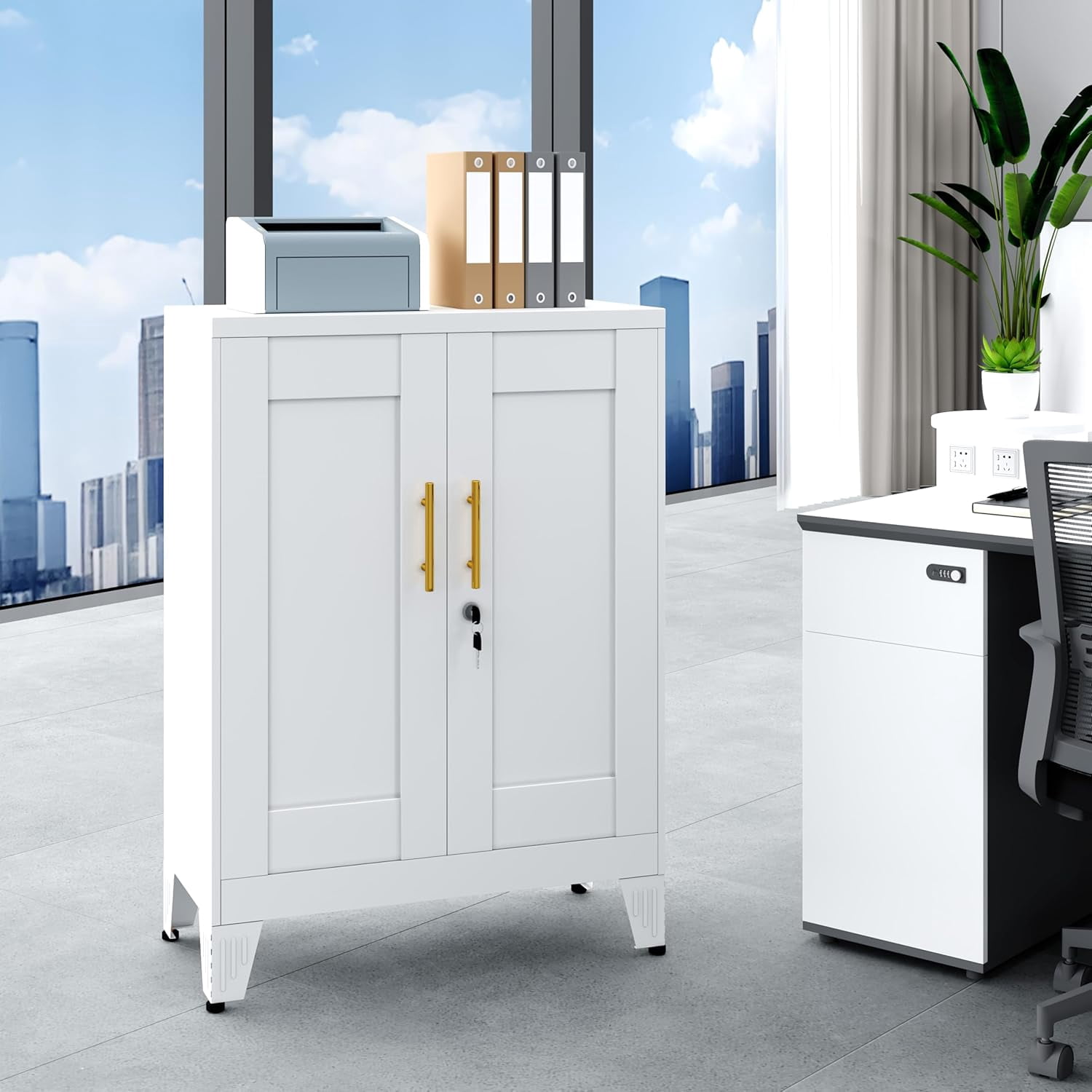 LEHOME 36" White Floor Storage Cabinet, Locked Metal Storage Cabinets with 2 Doors and 2 Adjustable Shelves, Sideboard Buffet Cabient, Freestanding Cabinet for Home/Office/Garage/Tool Room/Bathroom