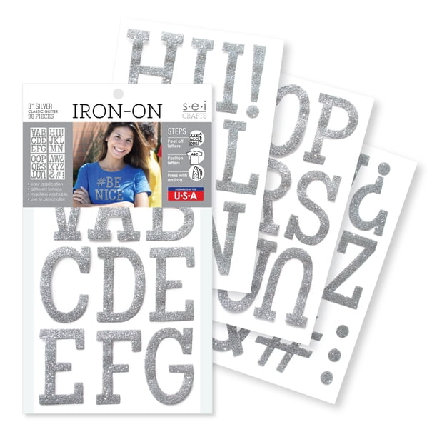 Sei Classic Glitter Heat Transfers Letras Para Camisetas Termoadhesivas, 3 Pulgadas, Plateado, 4 Unidades