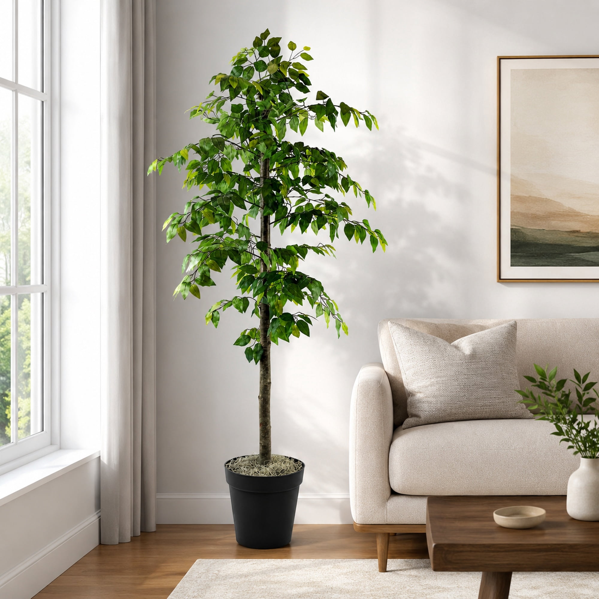 Artificial Tree, 6ft Faux Designer Ficus Tree in Black Nursery Pot by LCG Florals, Indoor Tree for Living Room, Office, and Home Décor