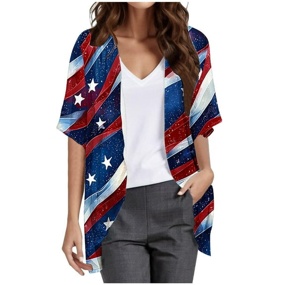 Hvot&aat Women 4th of July Flowy Chiffon Cardigan Independence Day Printing Short Sleeve Cover Up Casual Open Front Blouse Tops