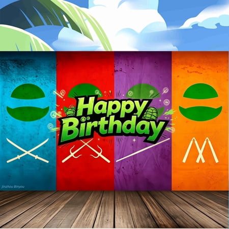 Green Ninja Mutant Turtle Cartoon Happy Birthday Backdrop, 7x5ft Polyester Party Banner with Grommets & Hanging Rope, 0.66lb Anime Photography Background for Kids Birthday Party Décor