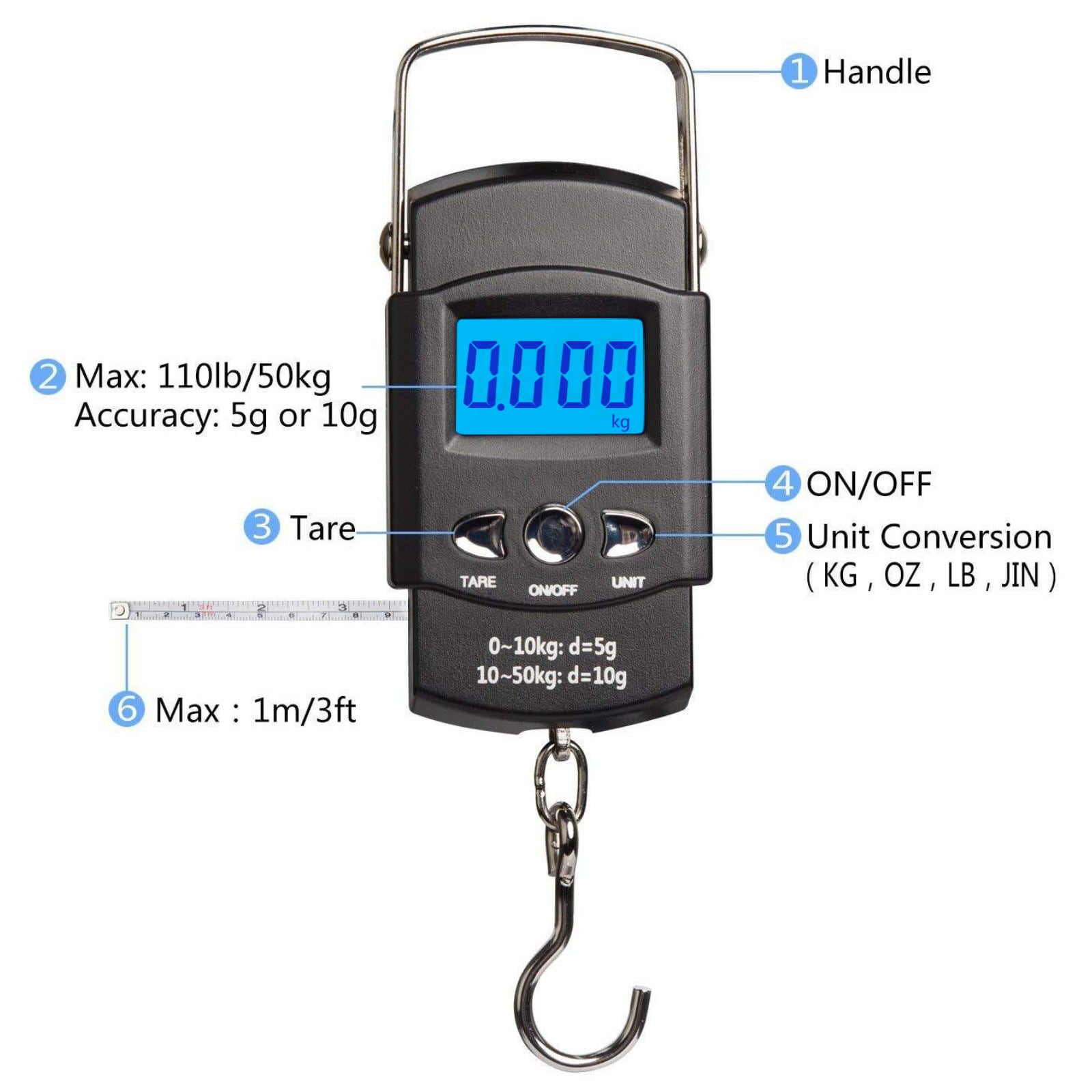 TyhoTech Fishing Scale 110lb/50kg Backlit LCD Screen Portable Electronic  Balance Digital Fish Hook Hanging Scale with Measuring Tape Ruler, D Shape