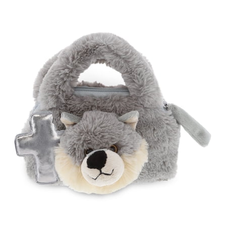 DolliBu Gray Wolf Hand Bag Stuffed Animal with Silver Cross Plush - Religious Baptism Gifts for Boys and Girls, Dedication Christening Gifts Plush Prayer Toy Healing Stuffed Animal - 7.5 Inches