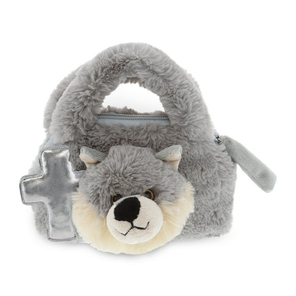 DolliBu Gray Wolf Hand Bag Stuffed Animal with Silver Cross Plush - Religious Baptism Gifts for Boys and Girls, Dedication Christening Gifts Plush Prayer Toy Healing Stuffed Animal - 7.5 Inches