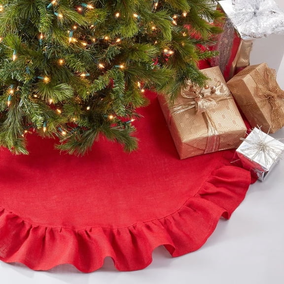Fennco Styles Holiday Décor Ruffled Jute Christmas Tree Skirt 72" Round - Red Burlap Tree Skirt for Home, Office, Outdoor, Winter Holidays and Special Occasions