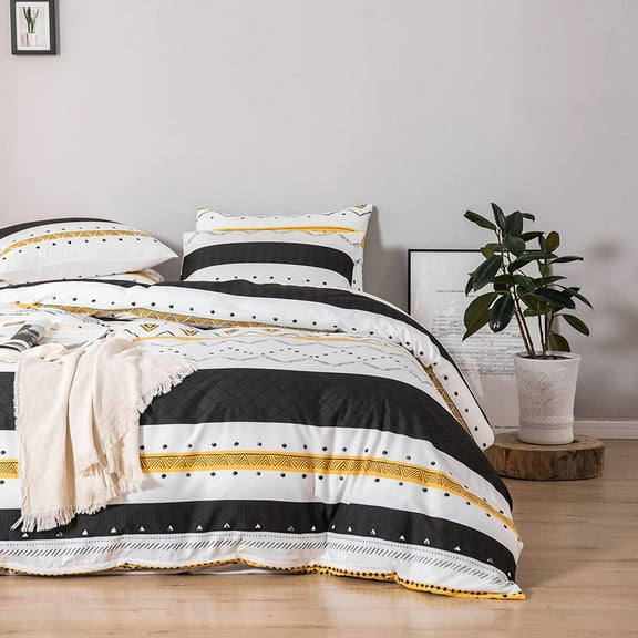 Bohemian Queen Bedding Duvet Cover Set - Black Striped on White Ethnic Boho Printed in White 3 Pieces Ultra Soft Breathable Comforter Cover Extremely Durable