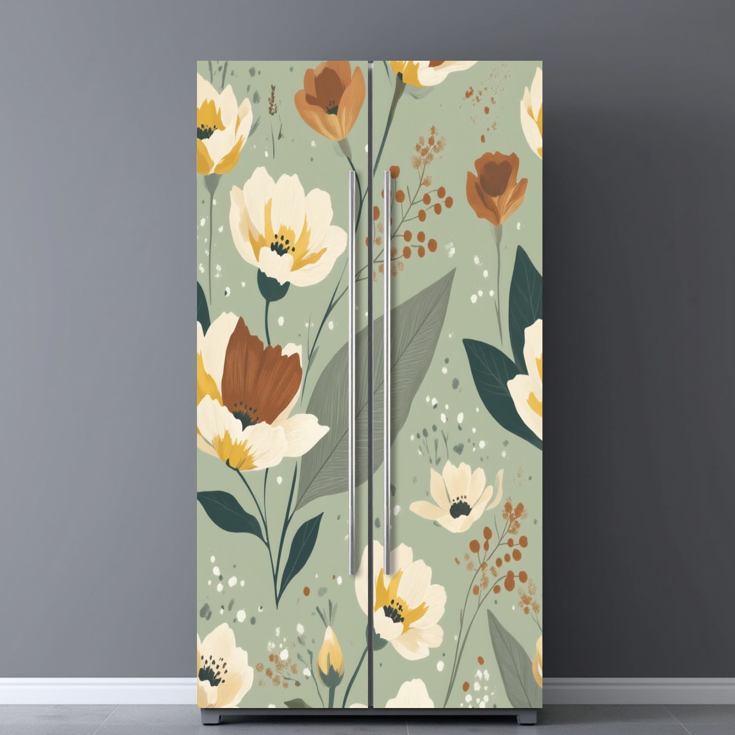 Self Adhesive Vinyl Refrigerator Wrap Set Muted Green Floral Brown Yellow Blooms Door Mural Removable Fridge Sticker Peel and Stick&nbsp;Full Door Cover Decal Kitchen Bar Decor
