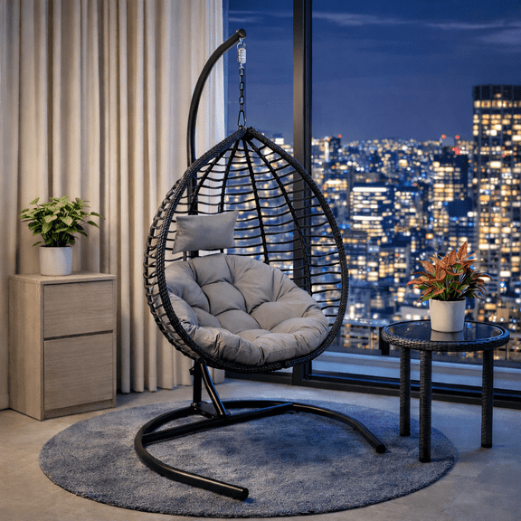 Minddistill Hanging Chair with Stand, Black Gray PE Rattan Woven Seat with Cushion and Headrest, Foldable Frame for Garden Balcony