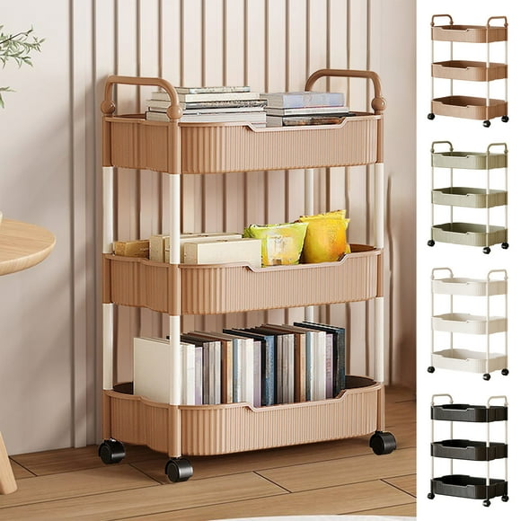 Estante De Almacenamiento De Plástico Carrito de cocina de 3 niveles con reposabrazos, color negro, con ruedas, para artículos de tocador y sala de estar (1 unidad) JASKFLY