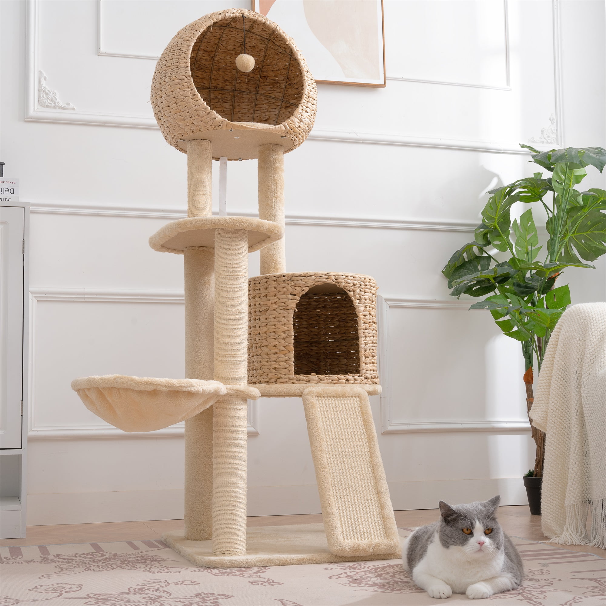 Pefilos 61" Cat Tree Tower for Indoor Cats, Plush Multi-Level Cat Condo with 1 Perches, 2 Caves, Cozy Basket and Scratching Board, Beige Pefilos 61" Cat Tree Tower for Indoor Cats, Plush Multi-Level Cat Condo with 1 Perches, 2 Caves, Cozy Basket and Scratching Board, Beige