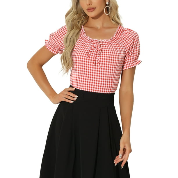 BLUSA DE GINGHAM PARA MUJER CON VOLANTES EN EL CUELLO REDONDO Y MANGAS ABULLONADAS M ROJO
