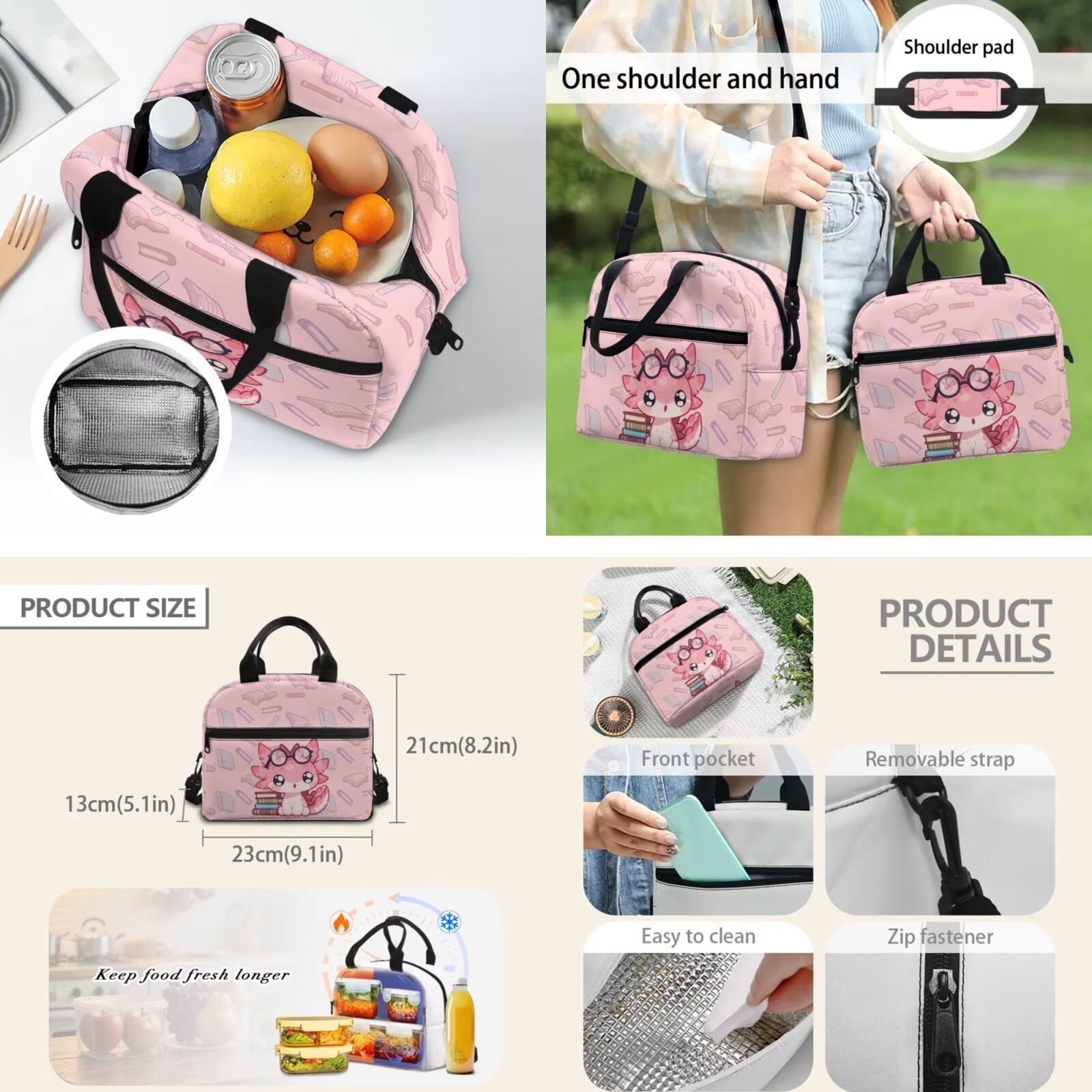 Pzuqiu Book Axolotl Girls Backpack Set of 4 17 Inch School Bookbag Purse with Reusable Lunch Tote Bag Pencil Case 2pcs Bookmark for Kids Elementary Middle Schoolbags