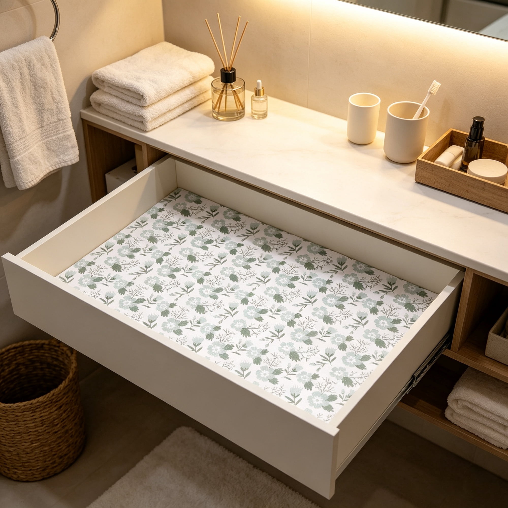 23FT Drawer & Shelf Liner, Non-Adhesive Non-Slip Waterproof PVC Mat, Thick Refrigerator Liner & Cupboard Paper, Floral Pattern for Kitchen Cabinet & Bathroom