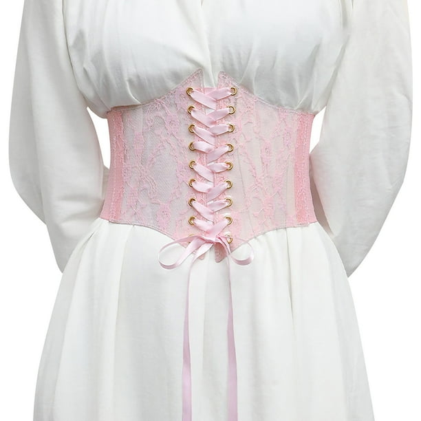 Gibobby Vestidos cortos Cinturón de corsé para mujer Tops con cordones Cinturón sin tirantes Underbust Corset Bustier Sheer Mesh Cincher Cinturón ancho(Rosa, Talla única)