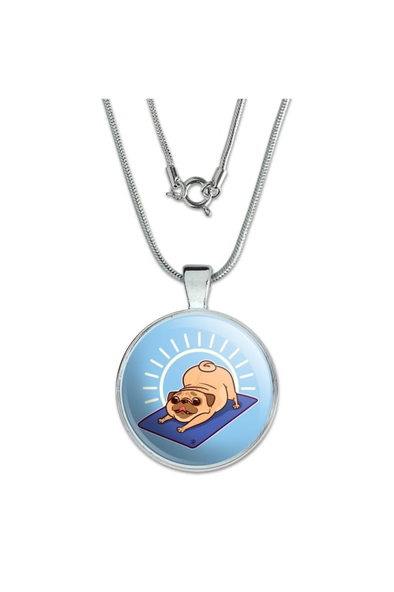 Downward Facing Dog Pug Doing Yoga 1" Pendant with Sterling Silver Plated Chain