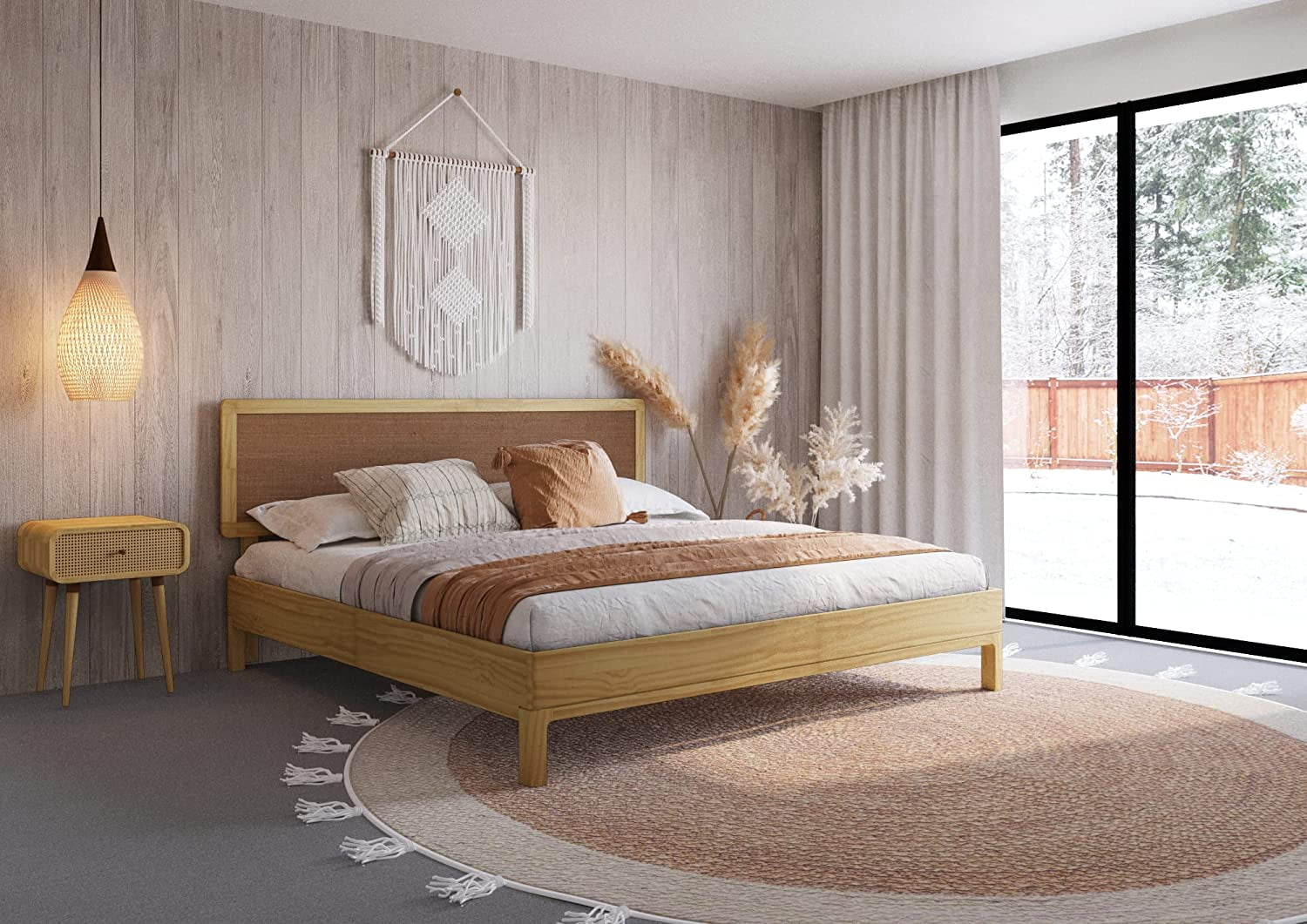 Bme King Size | Nipe 79x82x14in Deluxe Bed Frame with Adjustable Headboard, Bohemian Unique Style, Pine Wood, Natural