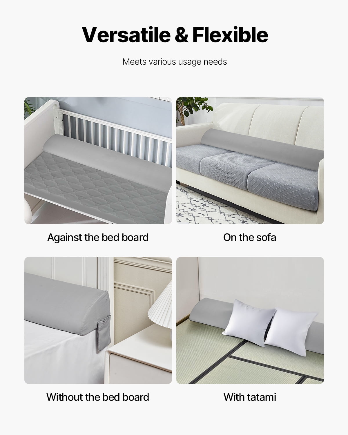 VEVOR Bed Wedge Pillow for Headboard, King Size,72"x10"x6" Bed Gap Filler, Fill 0-7" Gap Between Headboard and Mattress,25D Foam Mattress Wedge Headboard Pillow with Side Pocket,for Backrest,Gray