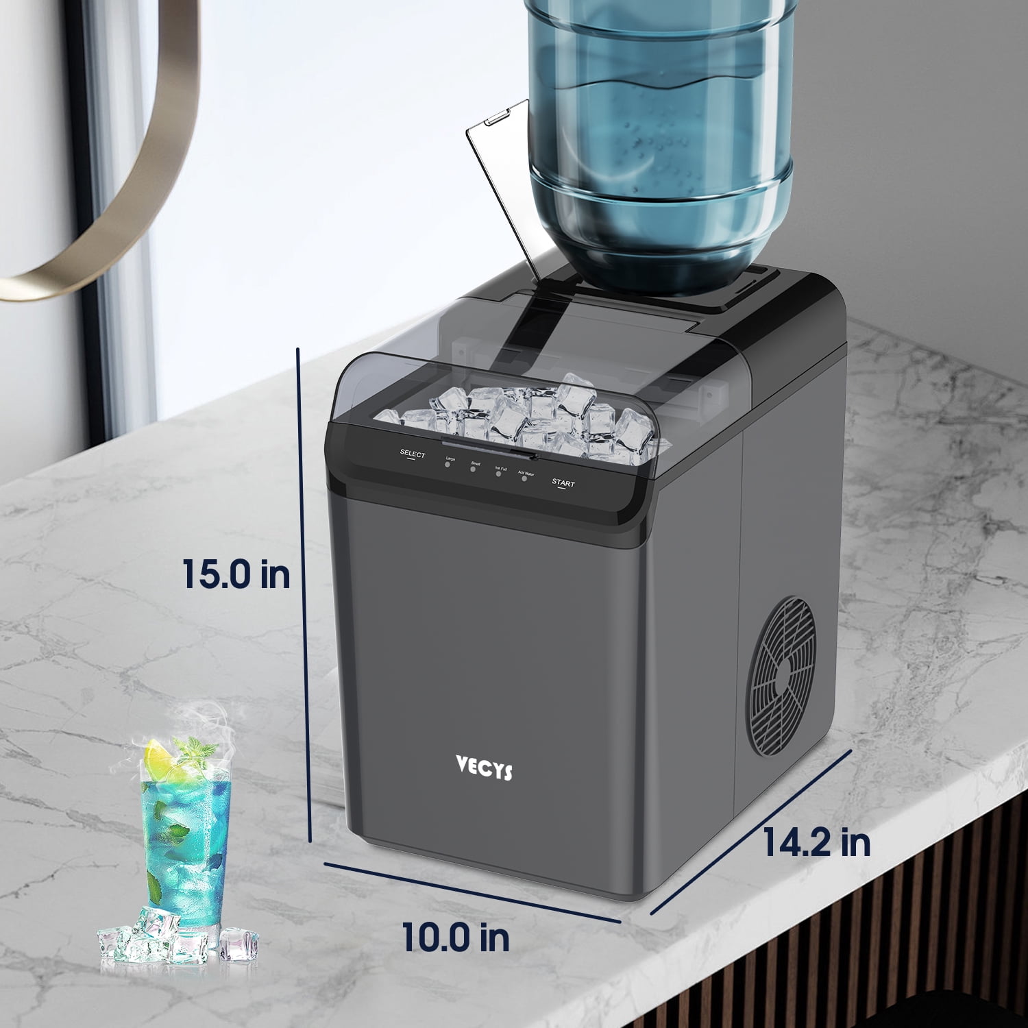VECYS Countertop Cube Ice Maker, 34LBS Daily Production with Self-Clean