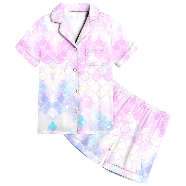 Ensemble de Pyjama Élégant pour Filles avec Col à Revers Imprimé, Haut à Manches Courtes et Short, pour des Nuits Confortables