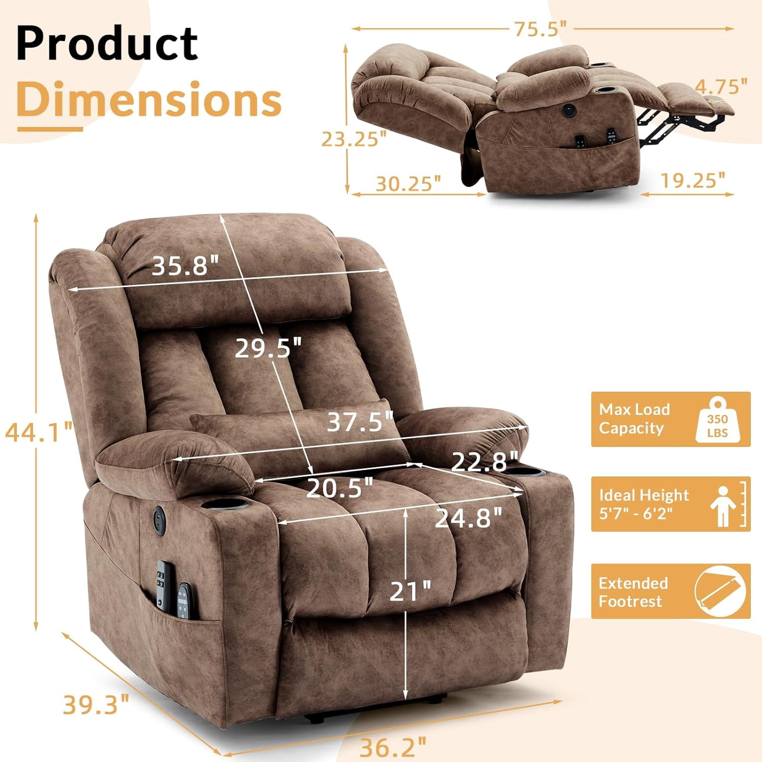 Dual Motor Power Lift Recliner for Big Elderly, Extended Footrest, Large Infinite Position Lay Flat Chair for Living Room with Massage & Heat, Lumbar Pillow, USB & Type-C Ports, Plush-Brown