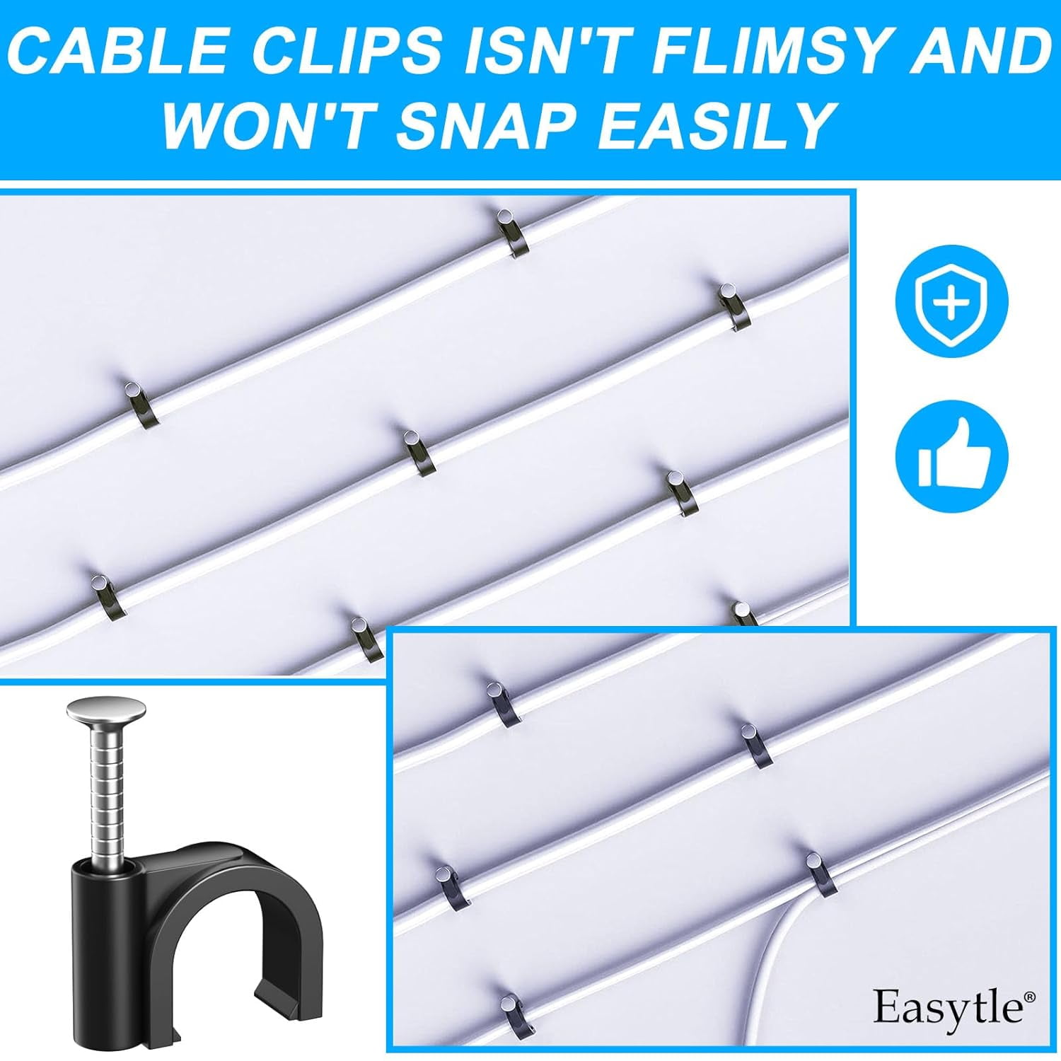 4/6/8/10mm Black Nail in Cable Clips Wire Tacks Clamps for Cable Management RG6 RG59 CAT6 RJ45 Ethernet Coax, 160 Pcs