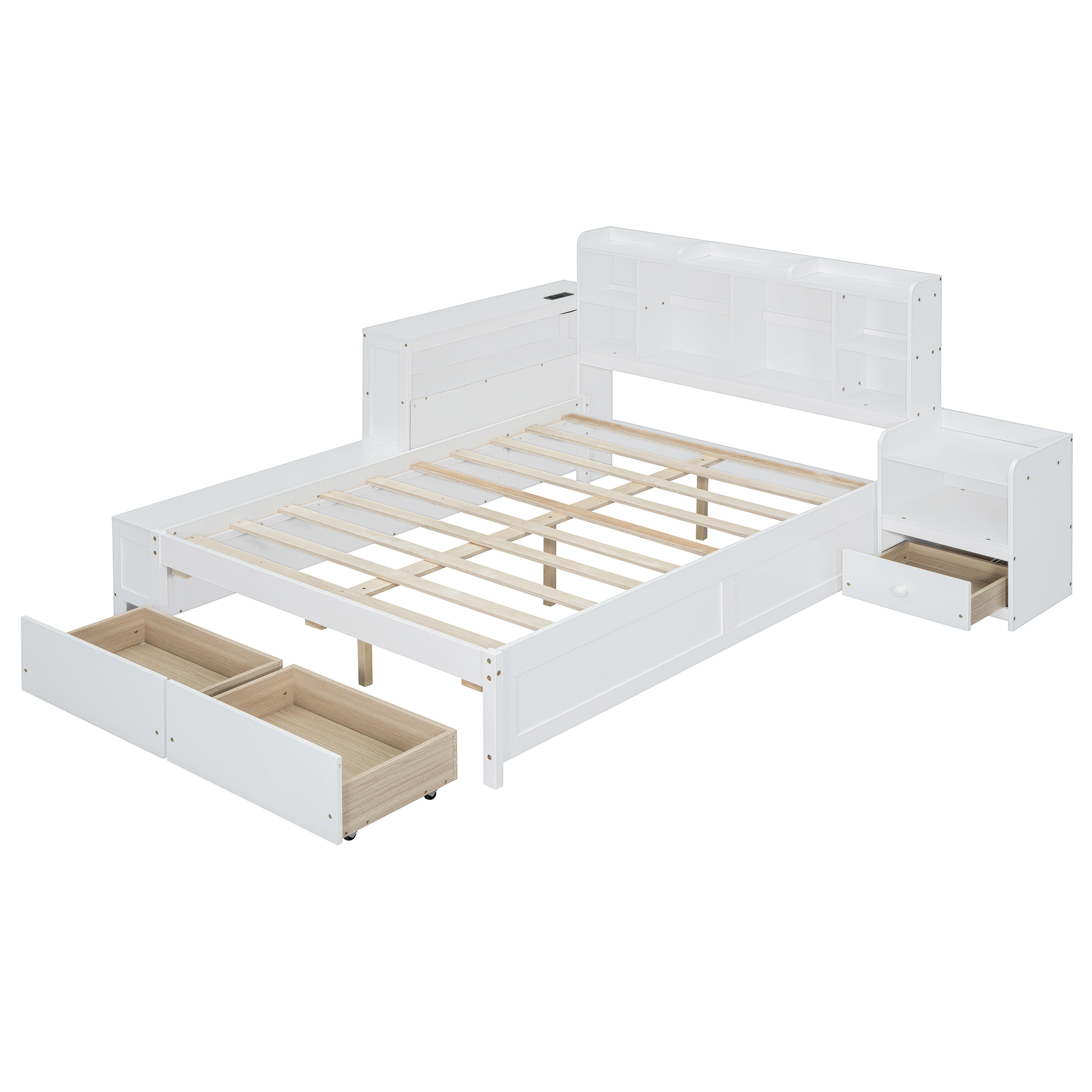 Euroco Wood Full Size Platform Bed with Nightstand and Drawers, Desk and Cabinets, USB Ports, White