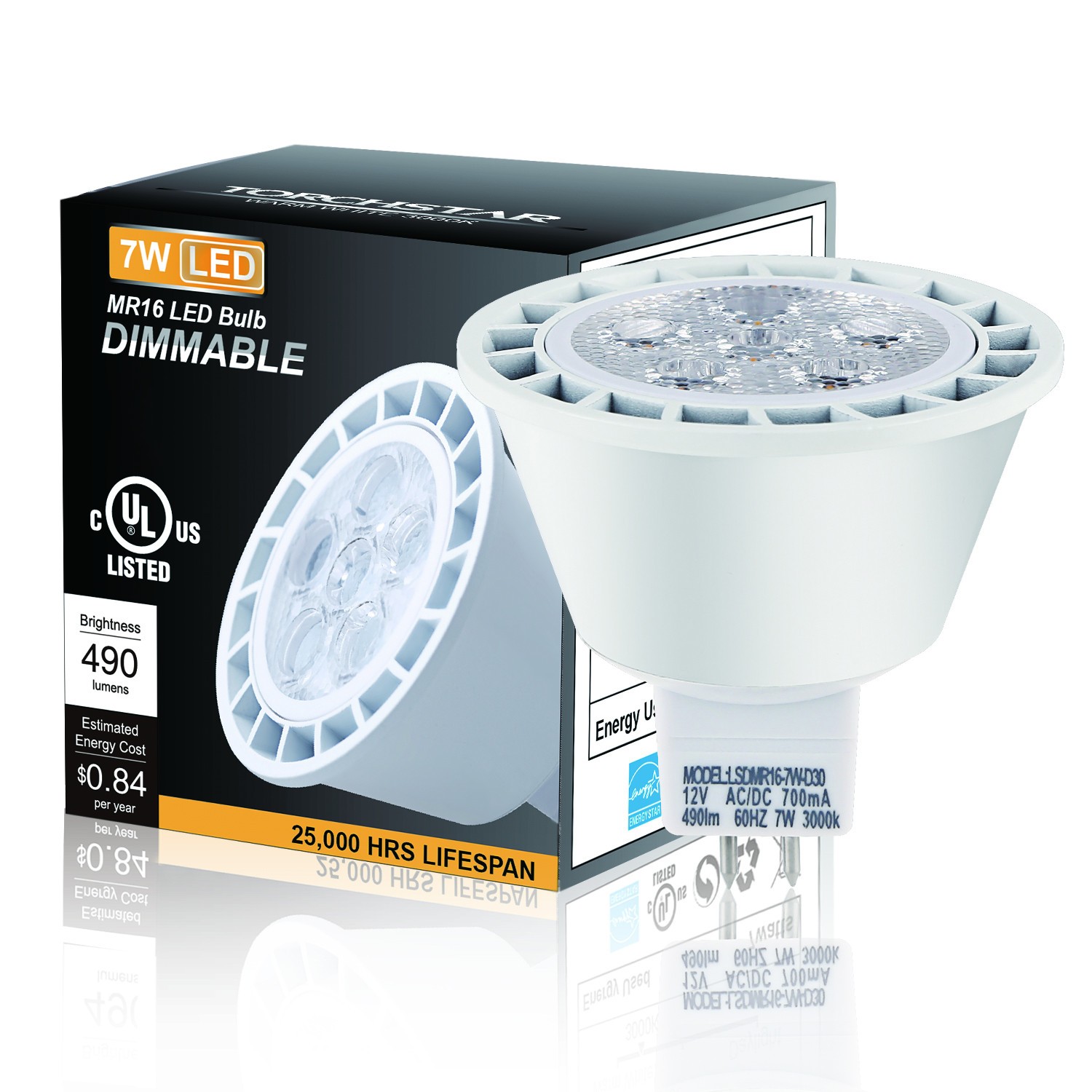 MR16 LED Bulb 50W Equivalent, 12V Low Volt, 3000K Warm White, Dimmable, GU5.3 LED Spotlight Bulb, 490LM 7W, UL & Energy Star Listed, for Recessed and Track Lighting, Pack of 18