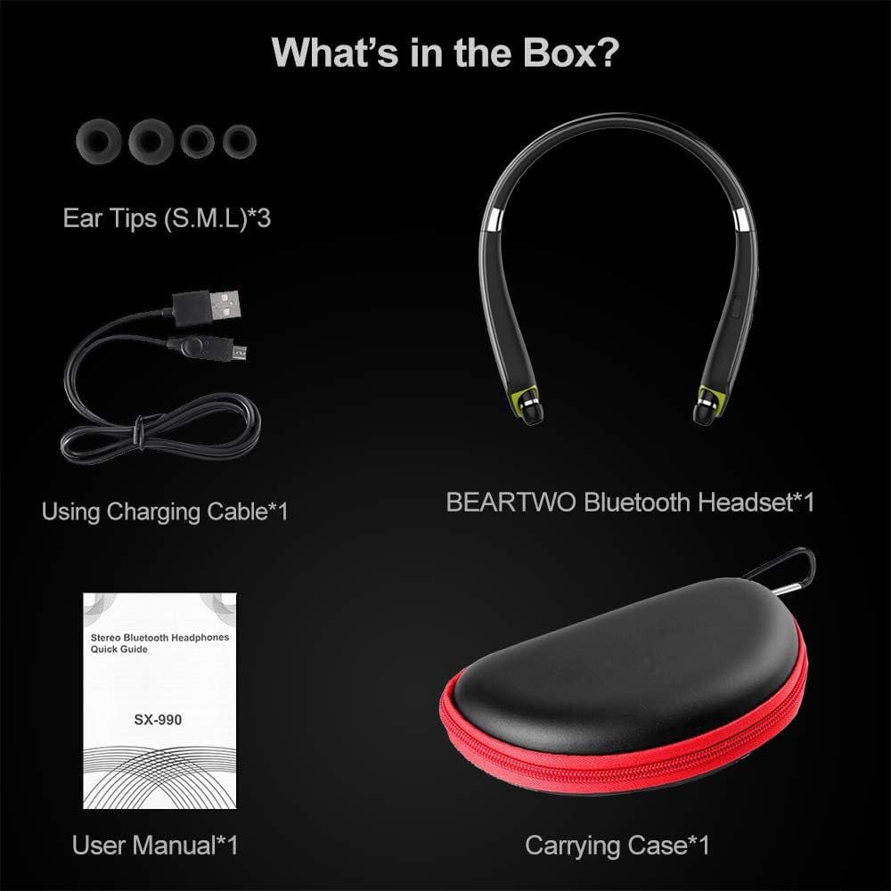 Bluetooth Headphones, Upgraded Foldable Wireless Neckband Headset with Retractable Earbuds, Noise Cancelling Stereo Earphones with Mic for Workout, Running, Driving (with Carry Case)