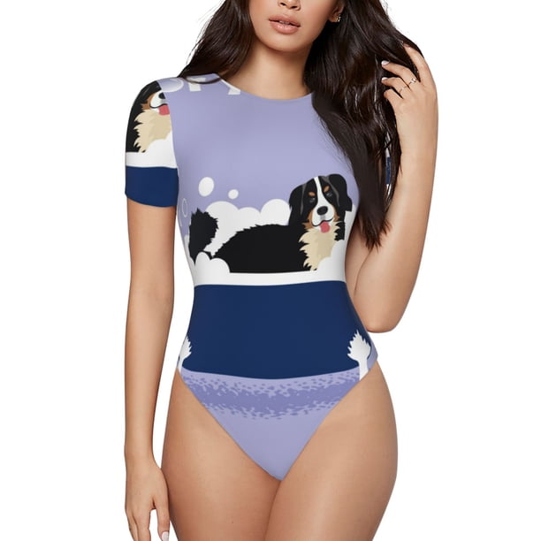 Balery Bernese Mountain Dog Sitting Bath Tub Body de cuello redondo de manga corta para mujer Tops de manga corta Tops básicos-Large