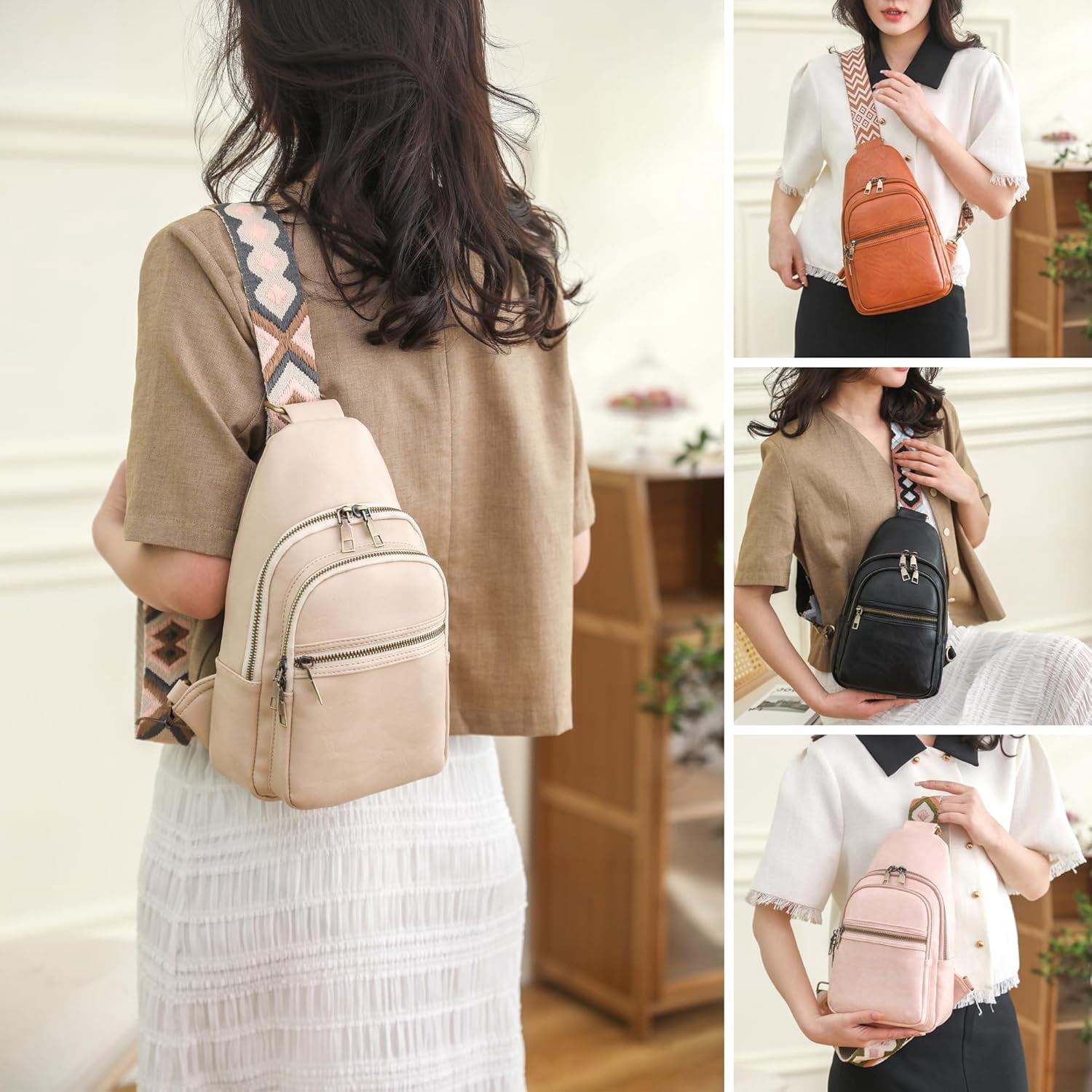 Women's Vegan Leather Sling Bag Packs Small Zipper Crossbody Chest Backpacks, Beige