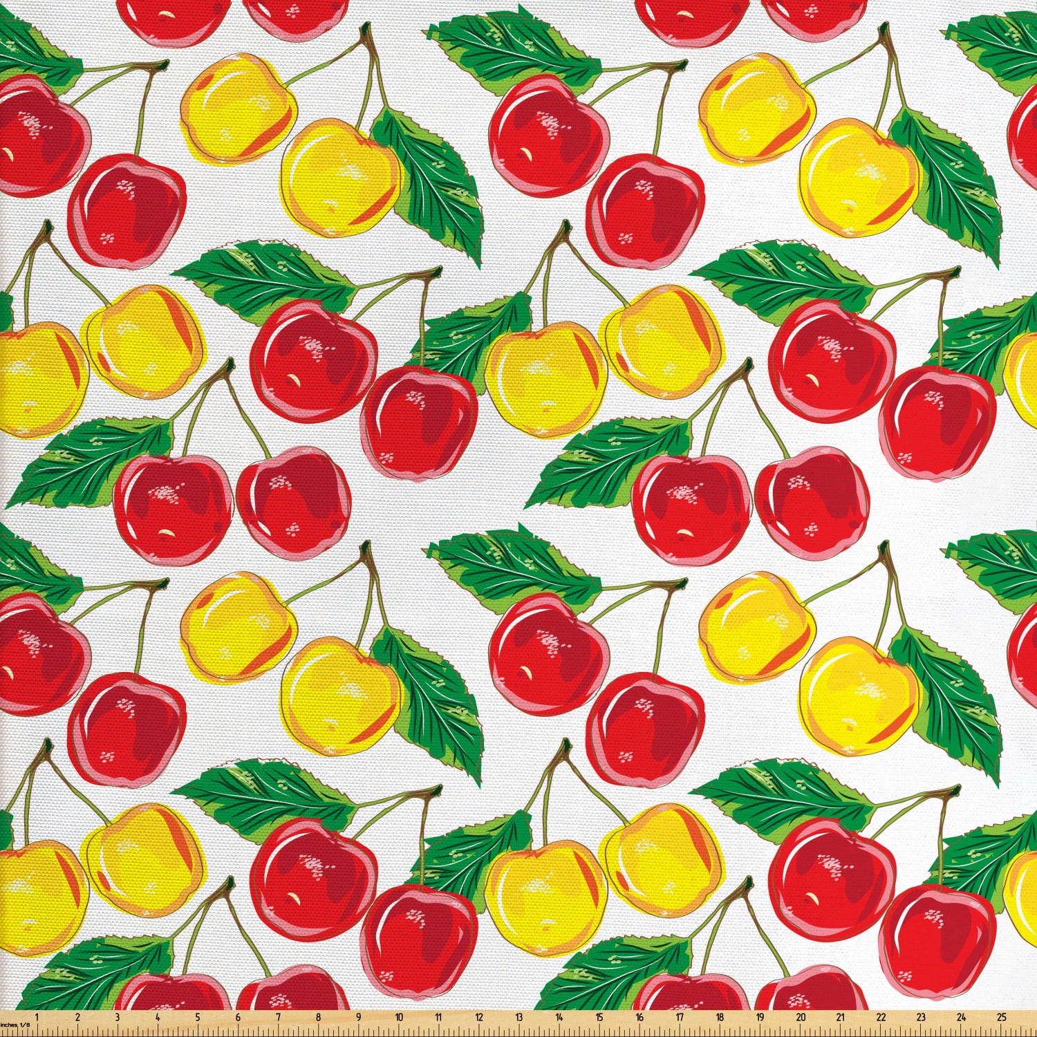 Fruit Fabric by The Yard, Graphic Colorful Cherries with Leaves Pattern