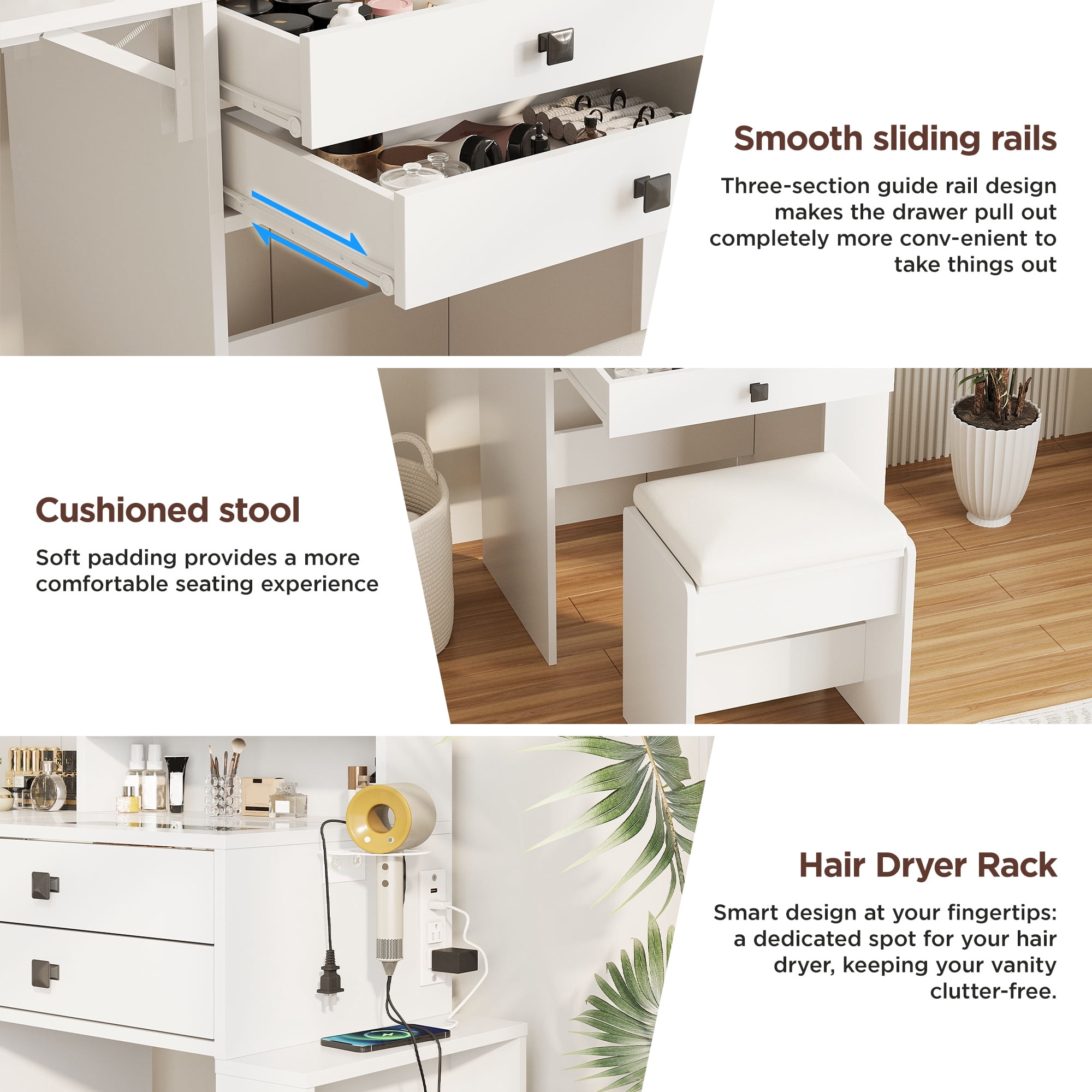 VEANERWOOD 21.4" White Vanity Desk with LED Light Mirror & Power Outlet, Glass Top Vanity Table Set with 2 Drawers, 8 Shelves, Makeup Table with Foldable Panel for Small Space